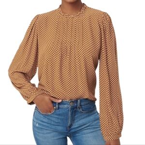 WOMEN'S LOFT CARAMEL & WHITE DOTTED PINTUCKED LONG SLEEVE BLOUSE SIZE MEDIUM